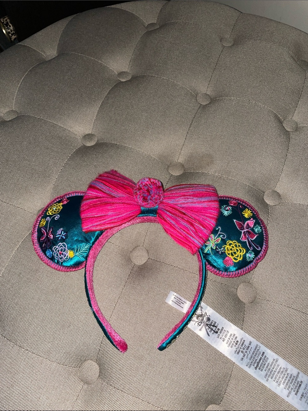 Disney Encanto Embroidered Floral Mouse Ear Headband with Pink Bow